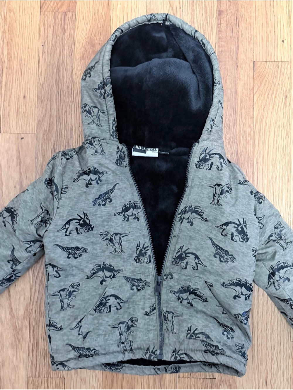 Kids Gray Dinosaur Hooded Puffer Jacket - Plush Lined